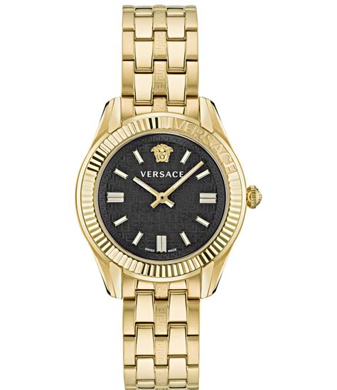 versace stainless steel & leather-strap gold watch|versace greca time lady.